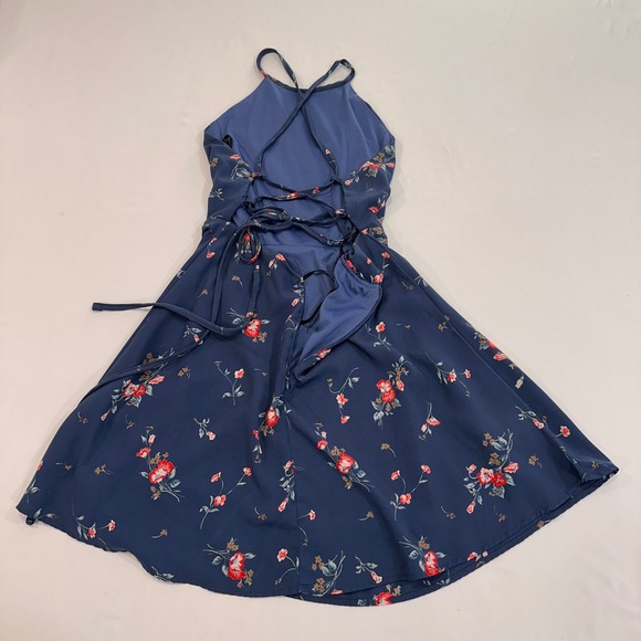 Lulus Floral Halter Skater Dress Womens Small Navy Blue Lace Up Back | Romantic - Picture 3 of 8